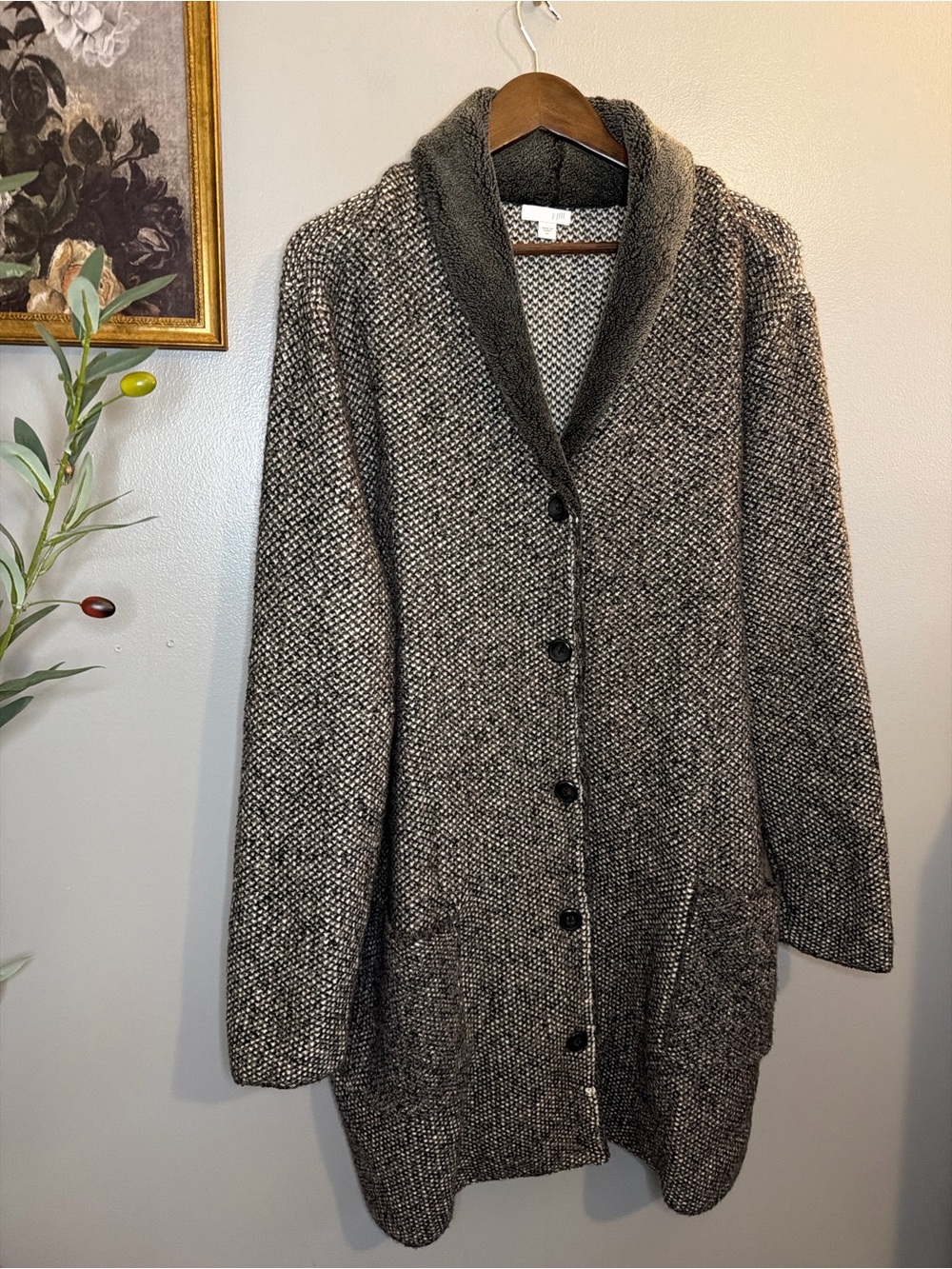 J. Jill XL Marled Knit Shawl Collar Cardigan Sweater Coat Gray Black Cozy - Picture 2 of 10